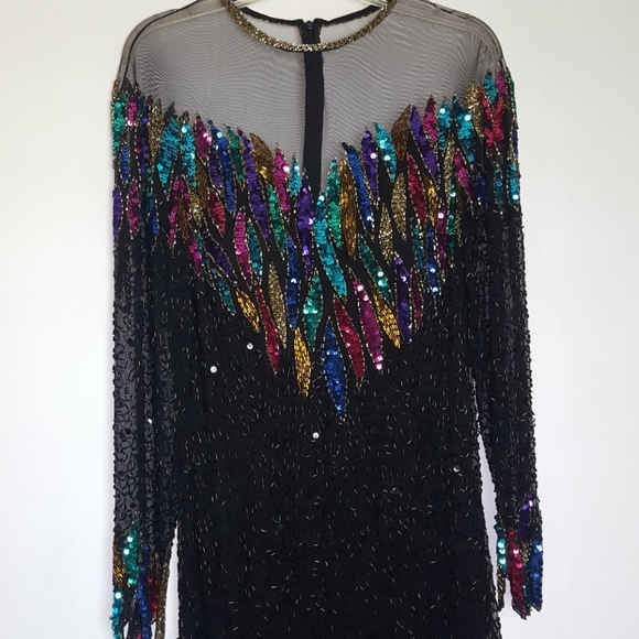 VTG NiteLine Sequin Bead Midi Dress Black SZ 8(M) - Picture 2 of 6